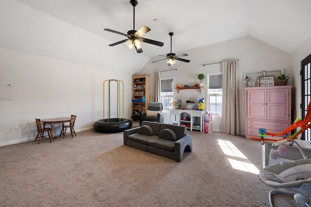 carpeted living room featuring lofted ceiling, electric panel, and ceiling fan