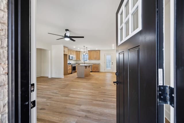 foyer with ceiling fan, sink, and light hardwood / wood-style floors