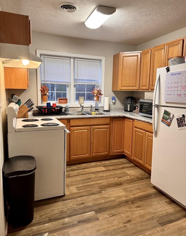 kitchen featuring island exhaust hood, a textured ceiling, white appliances, and sink