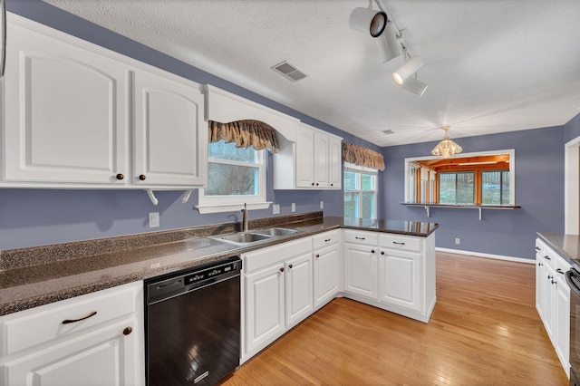 kitchen featuring black dishwasher, sink, white cabinets, and kitchen peninsula