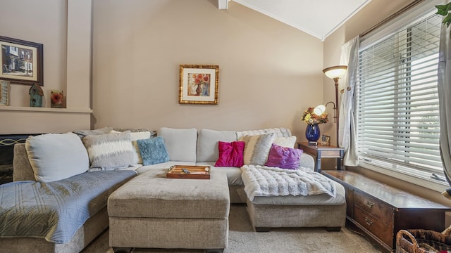 living room with carpet floors, crown molding, and lofted ceiling