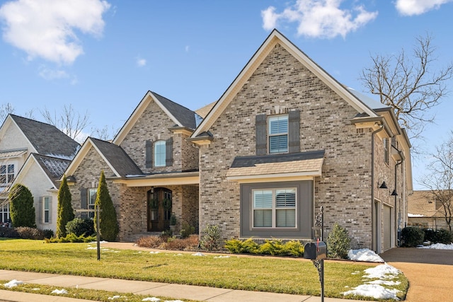 view of front of property with a front lawn and a garage