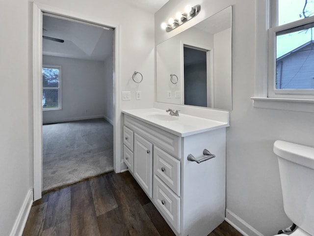 bathroom with wood-type flooring, vanity, and toilet