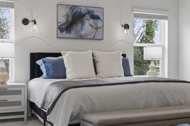 bedroom featuring carpet flooring and multiple windows