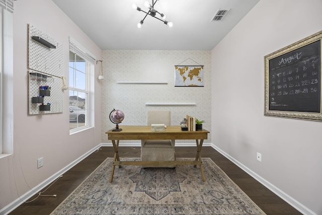 office with dark hardwood / wood-style floors