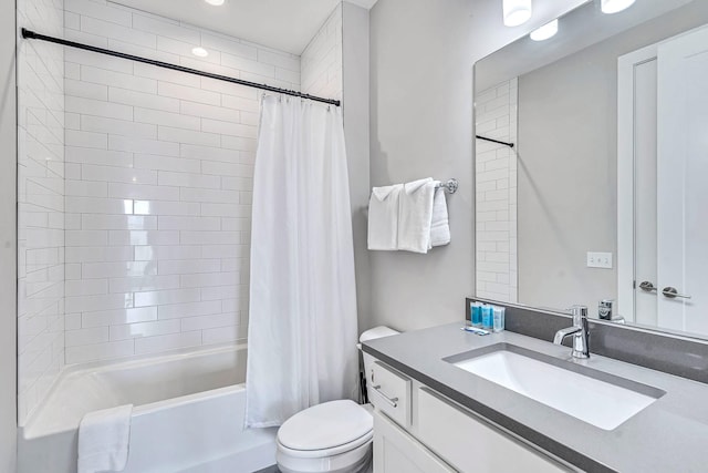 full bathroom with vanity, toilet, and shower / bathtub combination with curtain