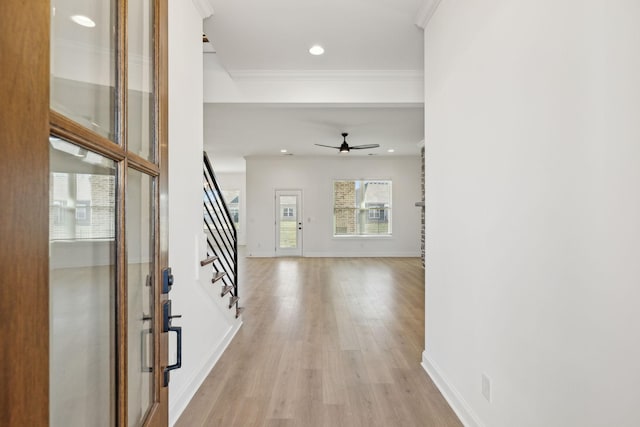 entrance foyer with light hardwood / wood-style floors, ceiling fan, and crown molding