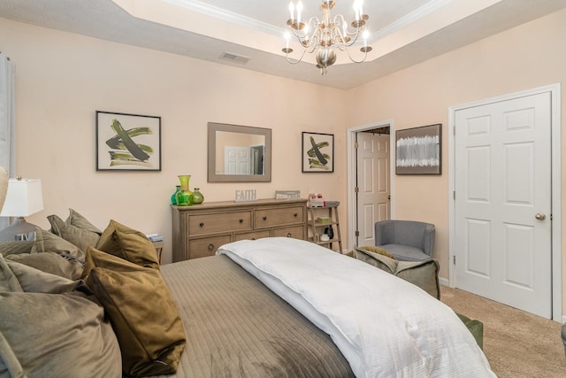 bedroom with a raised ceiling, carpet floors, a chandelier, and ornamental molding