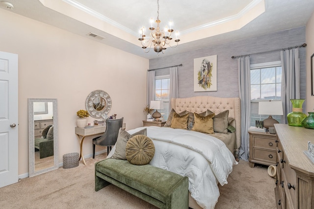 bedroom with a raised ceiling, light colored carpet, ornamental molding, and a chandelier