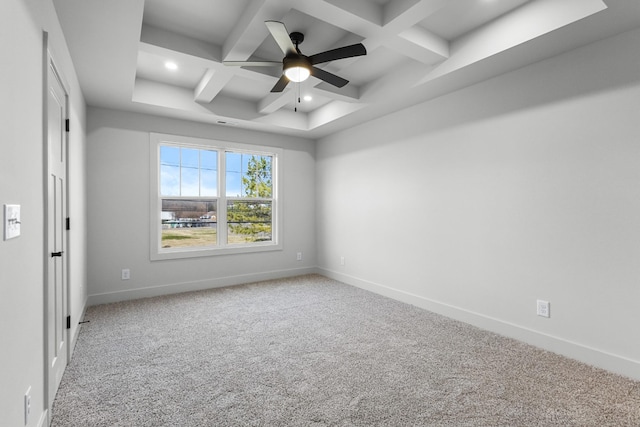 spare room with carpet, ceiling fan, beamed ceiling, and coffered ceiling