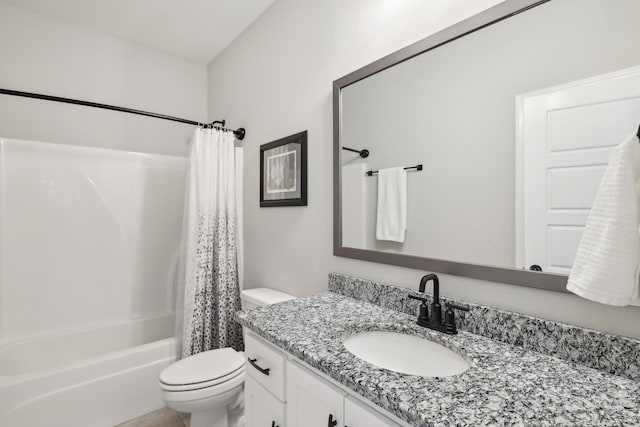 full bathroom with vanity, toilet, and shower / bathtub combination with curtain