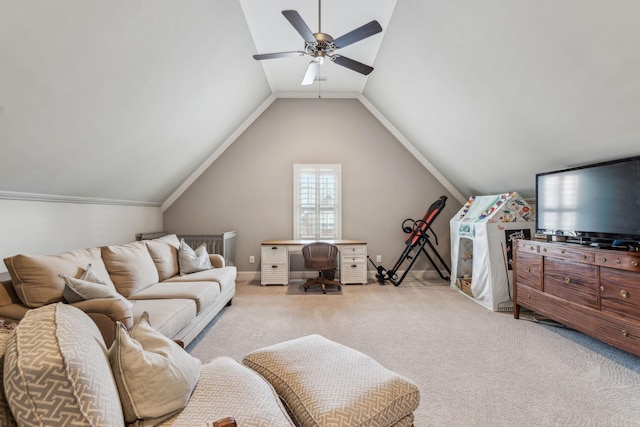 living room with carpet flooring, ceiling fan, and lofted ceiling