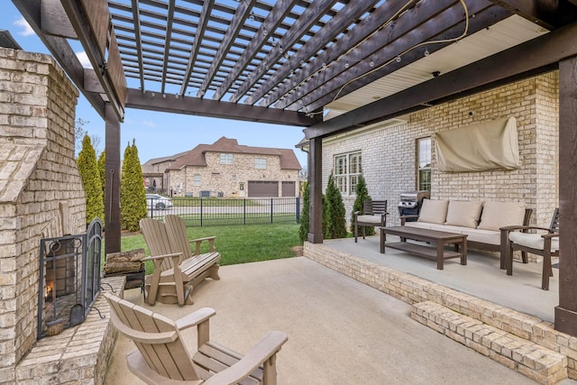 view of patio / terrace with a pergola and outdoor lounge area