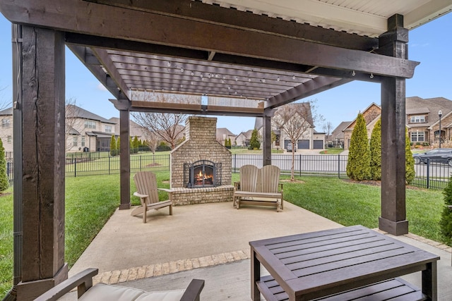 view of patio with an outdoor brick fireplace and a pergola