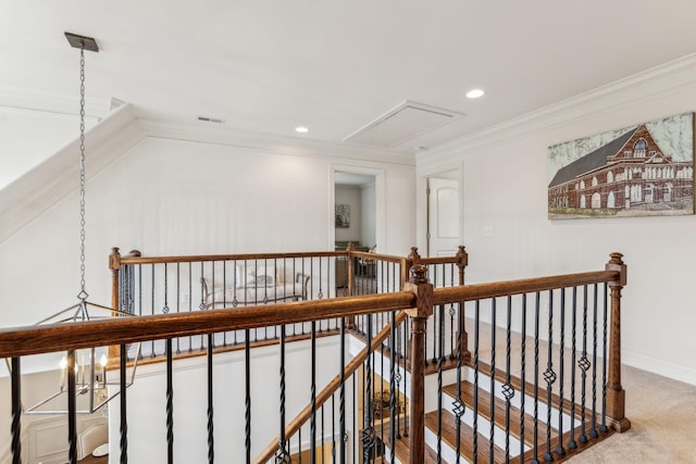 corridor featuring carpet flooring and ornamental molding