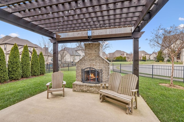 view of patio featuring a pergola and an outdoor brick fireplace