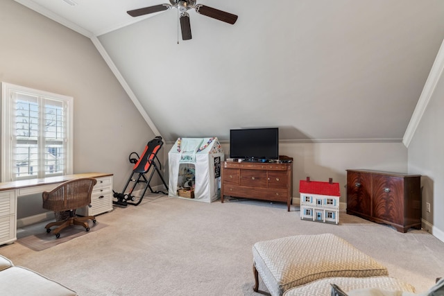 bonus room with ceiling fan, light carpet, and vaulted ceiling