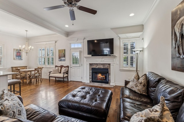 living room with a fireplace, ceiling fan with notable chandelier, crown molding, and dark wood-type flooring