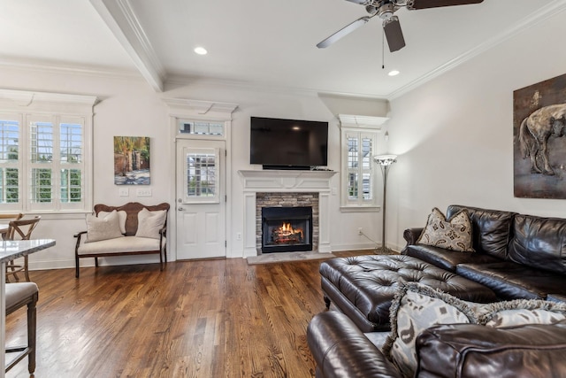 living room featuring hardwood / wood-style floors, ceiling fan, crown molding, and a fireplace