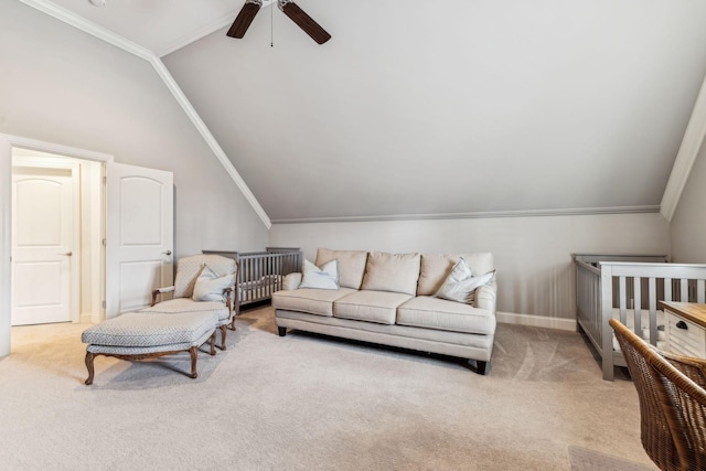 interior space featuring ornamental molding, ceiling fan, and lofted ceiling