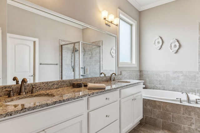 bathroom with a wealth of natural light, crown molding, vanity, and plus walk in shower