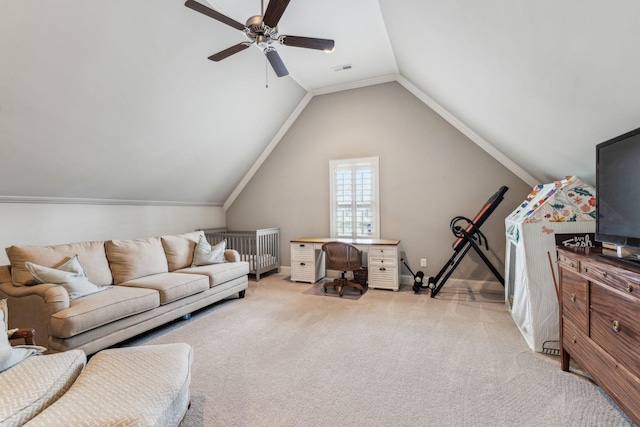 carpeted living room with vaulted ceiling, radiator, and ceiling fan