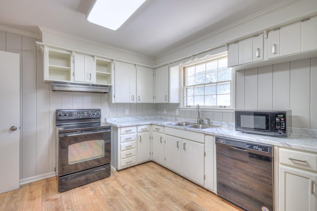 kitchen featuring under cabinet range hood, crown molding, black appliances, open shelves, and a sink