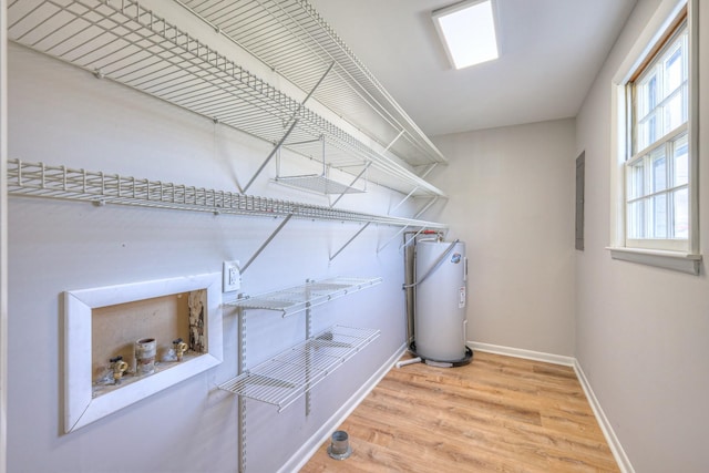 interior space with electric panel, water heater, and wood finished floors