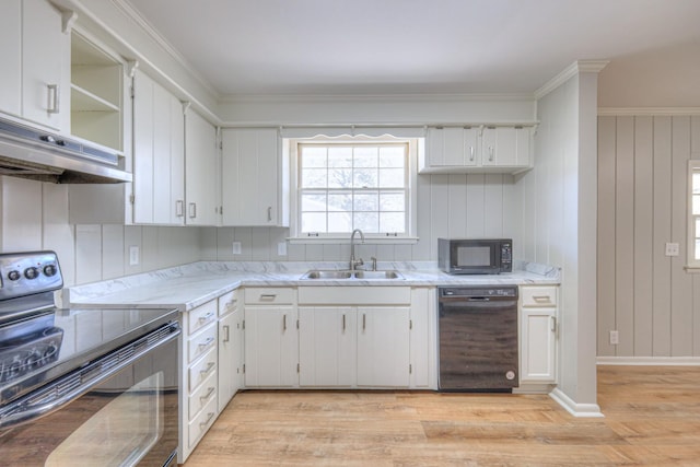 kitchen with under cabinet range hood, a sink, light wood-style floors, ornamental molding, and black appliances