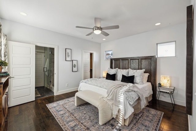 bedroom with dark hardwood / wood-style flooring, ensuite bathroom, and ceiling fan