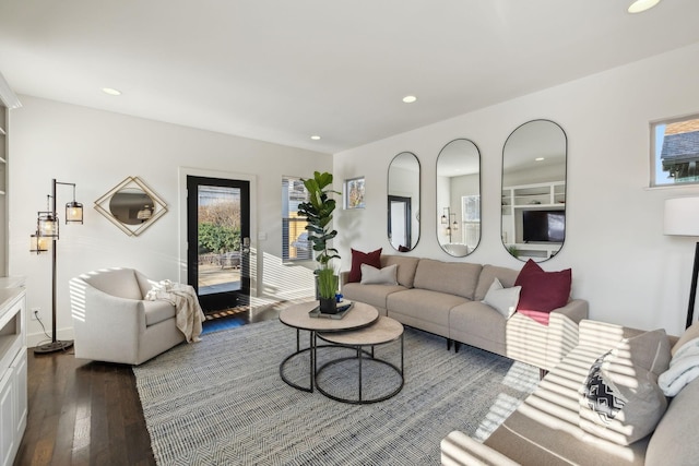 living room with dark hardwood / wood-style floors