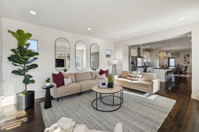 living room featuring dark hardwood / wood-style flooring and sink