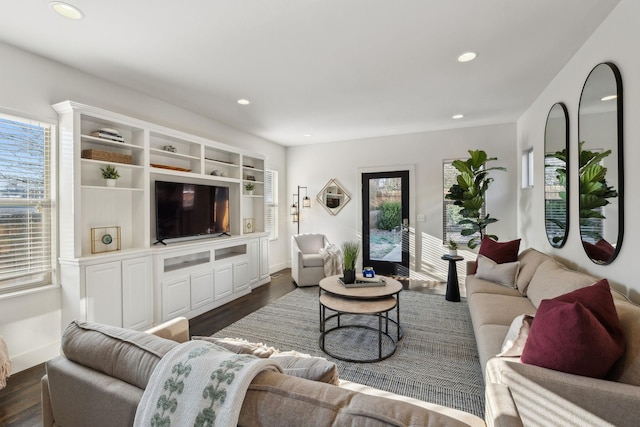 living room with dark hardwood / wood-style flooring