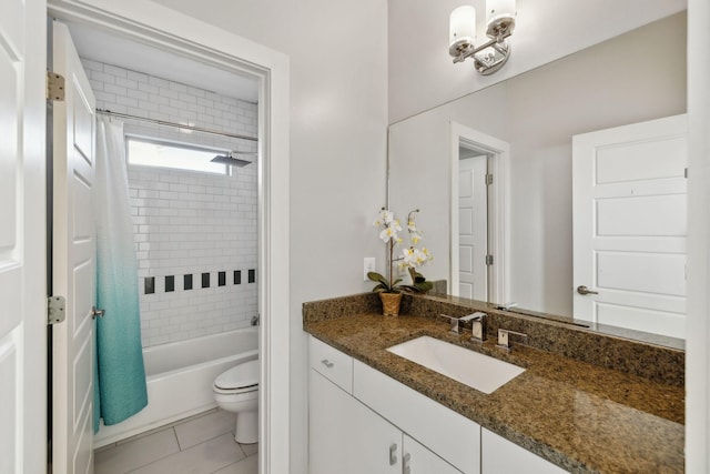 full bathroom with tile patterned flooring, vanity, toilet, and shower / tub combo with curtain