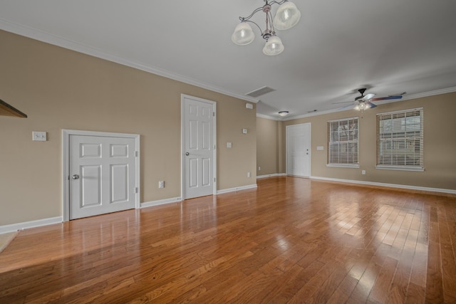 unfurnished living room featuring light wood-type flooring, ceiling fan with notable chandelier, and ornamental molding