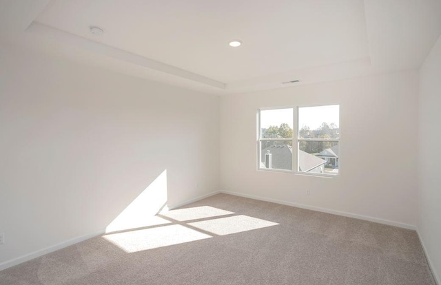 empty room with light colored carpet and a tray ceiling