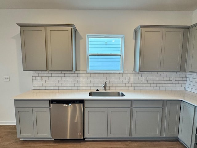 kitchen featuring sink, decorative backsplash, gray cabinets, and dishwasher