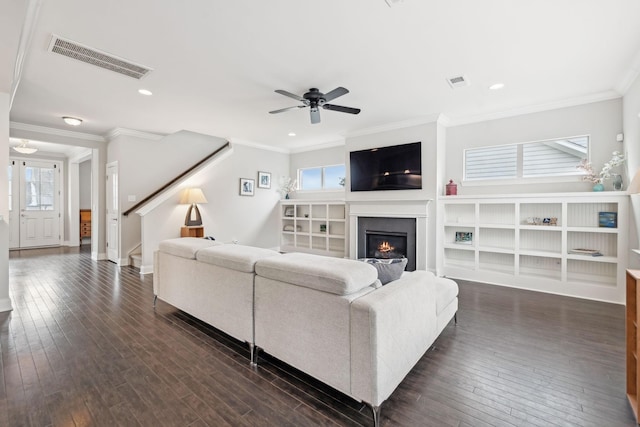 living room with dark hardwood / wood-style flooring, a wealth of natural light, crown molding, and ceiling fan