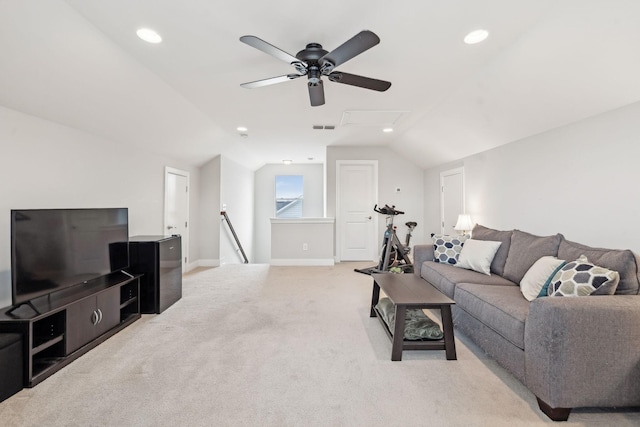 living room with light carpet, ceiling fan, and vaulted ceiling