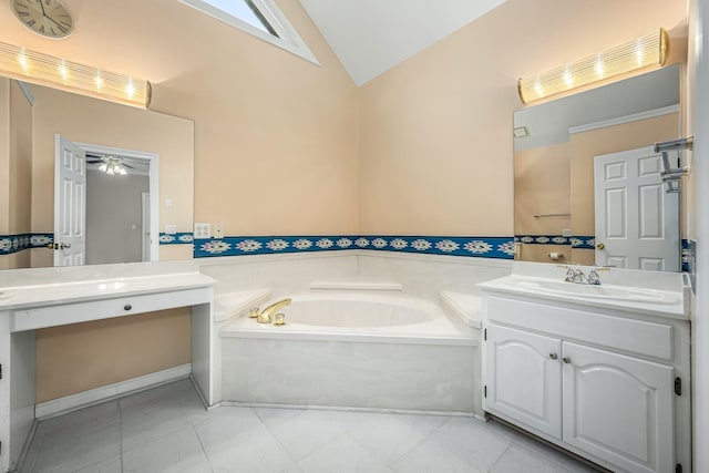 bathroom with vanity, a bath, tile patterned floors, vaulted ceiling, and ceiling fan