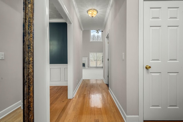 hallway featuring light hardwood / wood-style floors, a textured ceiling, and ornamental molding