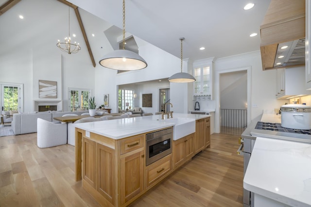 kitchen featuring built in microwave, sink, high vaulted ceiling, a large island with sink, and light hardwood / wood-style floors