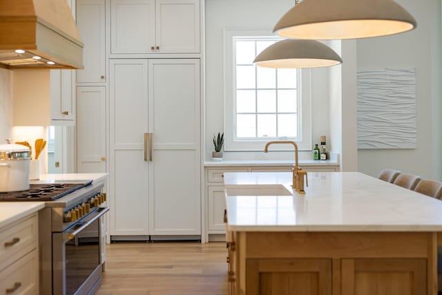 kitchen featuring a center island, premium appliances, light hardwood / wood-style flooring, premium range hood, and white cabinets