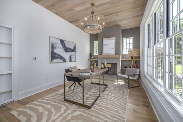 office featuring a notable chandelier, light hardwood / wood-style floors, and wooden ceiling