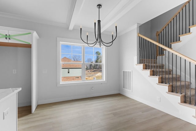 unfurnished dining area with light wood finished floors, visible vents, baseboards, stairs, and beam ceiling