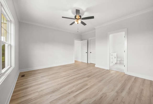 983 Palmyra Rd, Clarksville, TN 37040 - unfurnished bedroom with light wood-style floors, ornamental molding, connected bathroom, baseboards, and ceiling fan