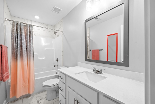 full bathroom with vanity, shower / bath combination with curtain, and toilet