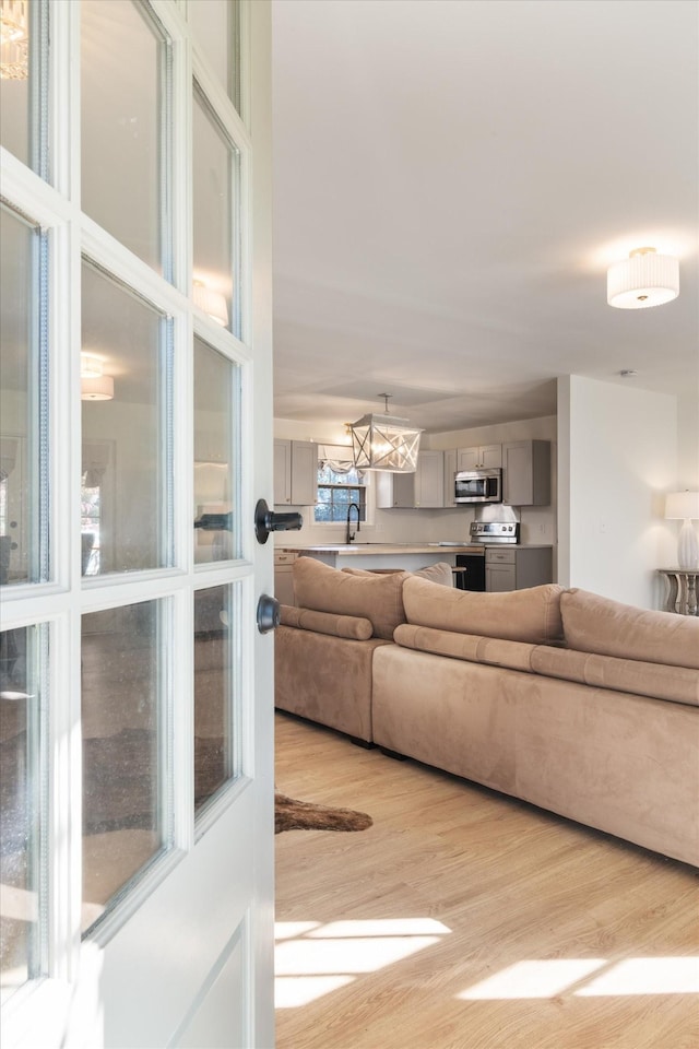 living room featuring light hardwood / wood-style floors and sink