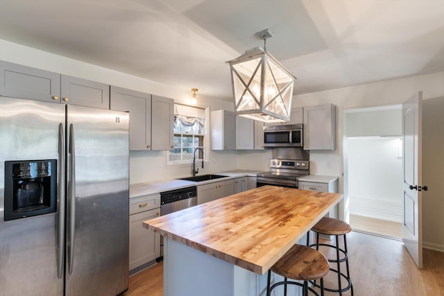 kitchen with gray cabinetry, sink, a center island, stainless steel appliances, and butcher block countertops