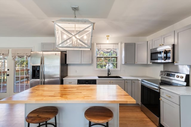 kitchen featuring gray cabinetry, butcher block counters, sink, and appliances with stainless steel finishes